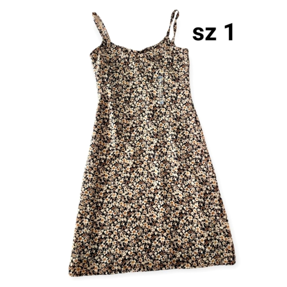 90s Style Old Navy NWT size 1 Brown Black Cream Minimalist Tank Dress Floral